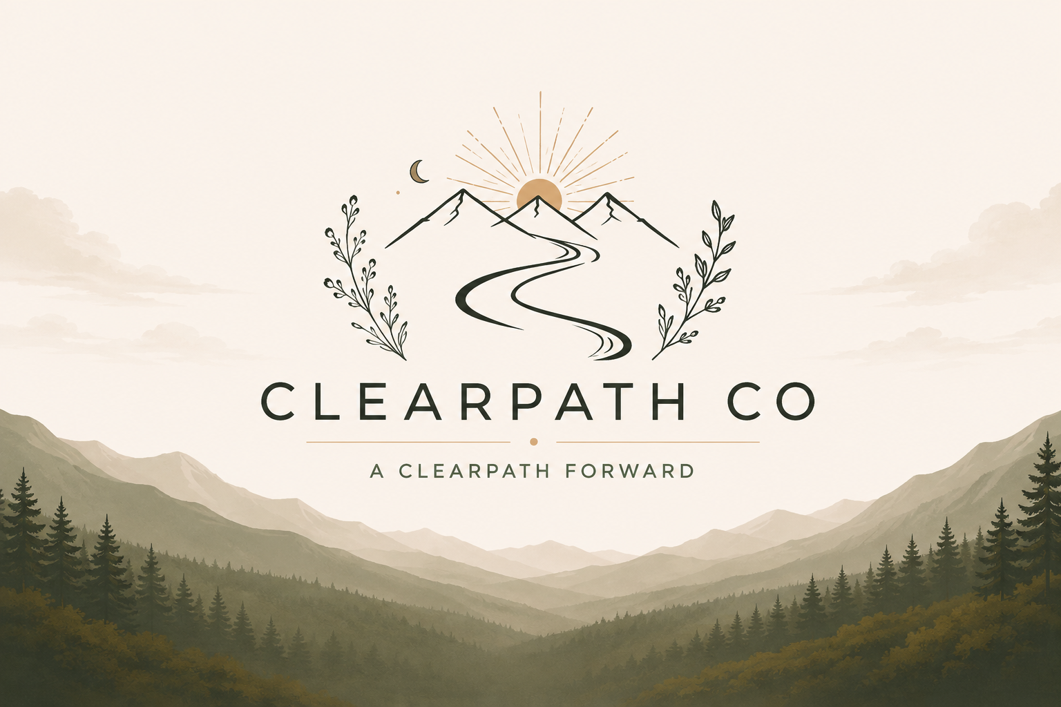 ClearPath Co logo: layered mountains, a winding path, a rising sun, and botanical sprigs above the ClearPath Co wordmark and 'A CLEARPATH FORWARD' tagline, set over a misty mountain landscape.